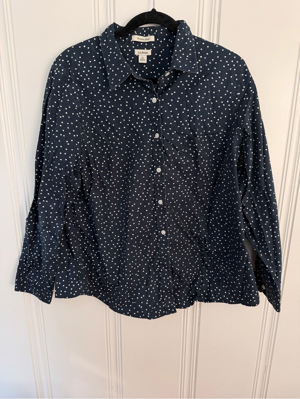 LL Bean Navy and White Polka Dot Button-Down Shirt